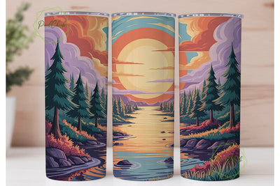 Sunset River Landscape Tumbler Wrap Sublimation PixelChick 