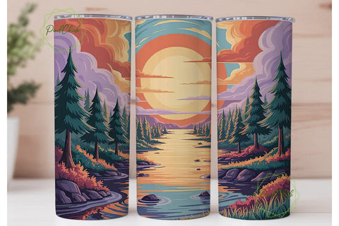 Sunset River Landscape Tumbler Wrap Sublimation PixelChick 