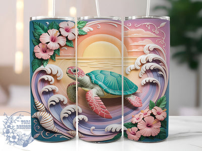 Sunset Sea Turtle Bloom 20oz Tumbler, Sea Turtle, Sunset Theme, Floral Bloom, Ocean Aesthetic, Tropical Style, Skinny Tumbler, Sublimation PNG Sublimation ToriDesigns 