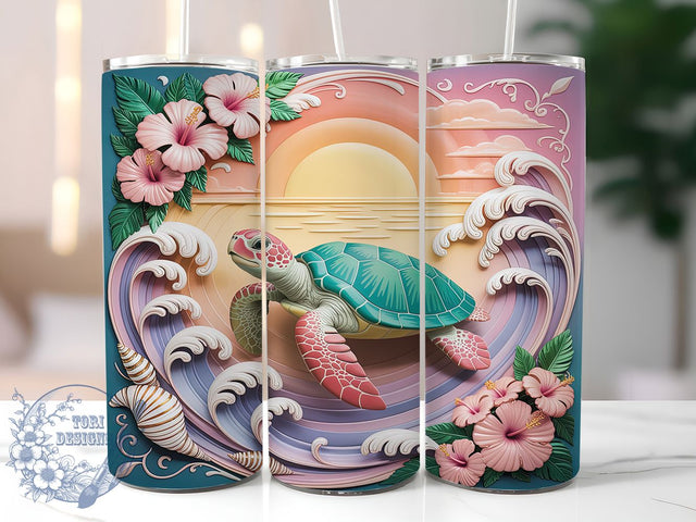 Sunset Sea Turtle Bloom 20oz Tumbler, Sea Turtle, Sunset Theme, Floral Bloom, Ocean Aesthetic, Tropical Style, Skinny Tumbler, Sublimation PNG Sublimation ToriDesigns 