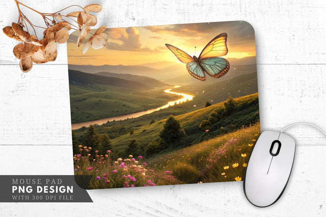 Sunset Serenity Glowing Butterfly Over a Lush Valley Mouse Pad PNG Design Sublimation Regulrcrative 