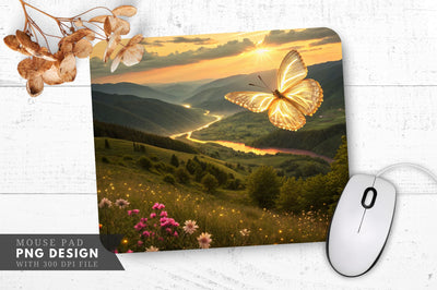 Sunset Serenity Glowing Butterfly Over a Lush Valley Mouse Pad PNG Sublimation Regulrcrative 