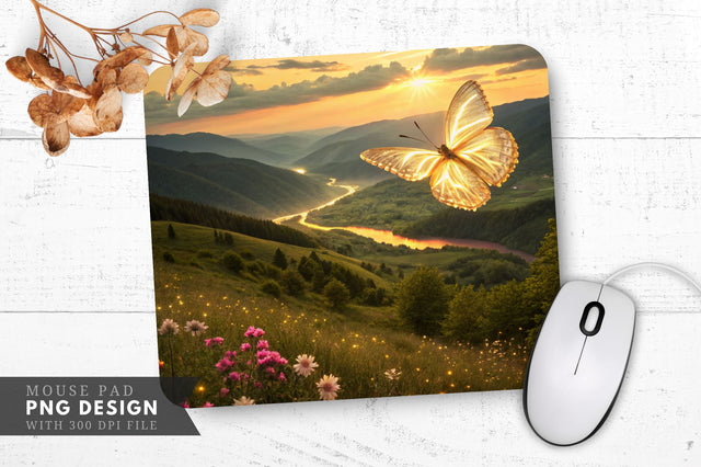 Sunset Serenity Glowing Butterfly Over a Lush Valley Mouse Pad PNG Sublimation Regulrcrative 