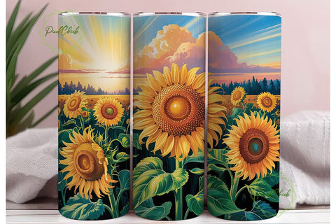 Sunset Sunflower Field 20oz Tumbler Wrap Sublimation PixelChick 