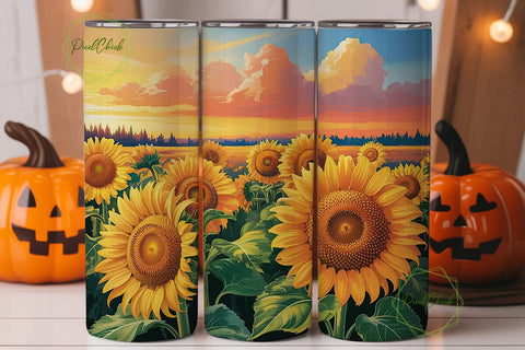 Sunset Sunflower Field 20oz Tumbler Wrap Sublimation PixelChick 