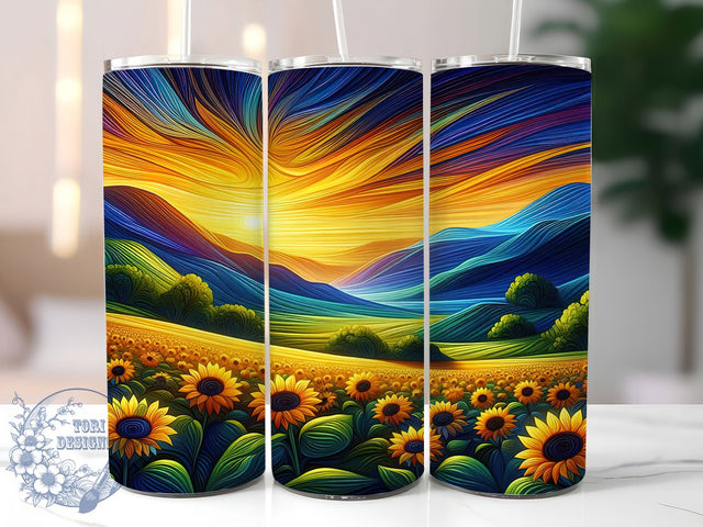 Sunset Sunflower Field Tumbler, Sunset Wrap, Floral Design, Sublimation Art, 20oz Tumbler, Nature Theme, Bold Pattern Sublimation ToriDesigns 