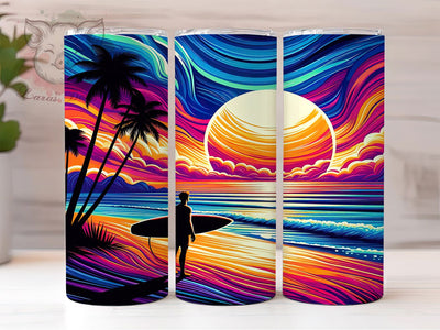 Sunset Surf Silhouette 20oz Tumbler, Sunset Surf Silhouette, Young Surfer Illustration, Sublimation Tumbler Wrap, 20oz Tumbler, Fun Summer Gift, Tropical Coastal Style Sublimation Lara' s Designs 
