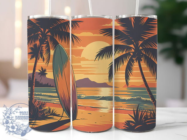 Sunset Surfboard 20oz Tumbler, Beach Sublimation Wrap, Surf Life PNG, Coastal Sunset Design, 20oz Skinny Tumbler, Summer Surfing Art, Tropical Beach Wrap Sublimation ToriDesigns 