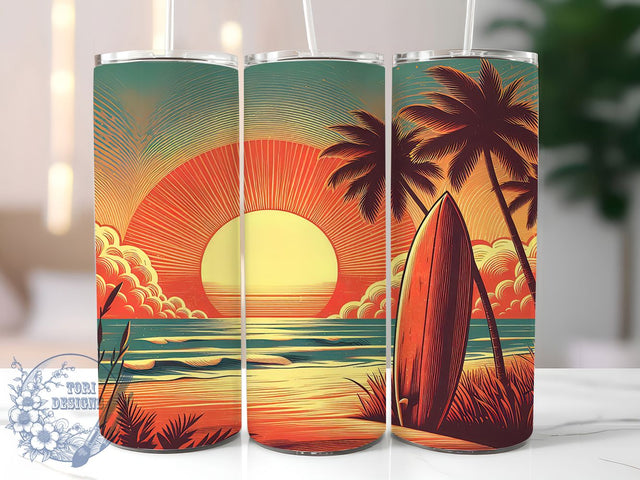Sunset Surfboard 20oz Tumbler, Beach Sublimation Wrap, Surf Life PNG, Coastal Sunset Design, 20oz Skinny Tumbler, Summer Surfing Art, Tropical Beach Wrap Sublimation ToriDesigns 