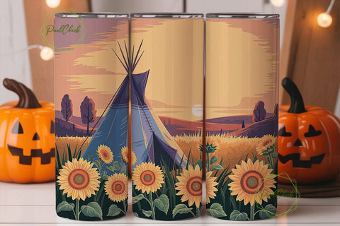 Sunset Teepee & Sunflowers Tumbler Wrap Sublimation PixelChick 