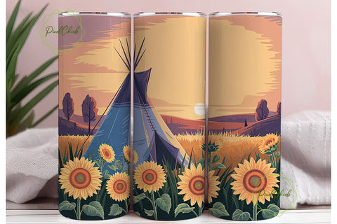 Sunset Teepee & Sunflowers Tumbler Wrap Sublimation PixelChick 