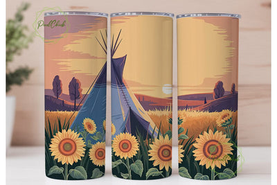 Sunset Teepee & Sunflowers Tumbler Wrap Sublimation PixelChick 
