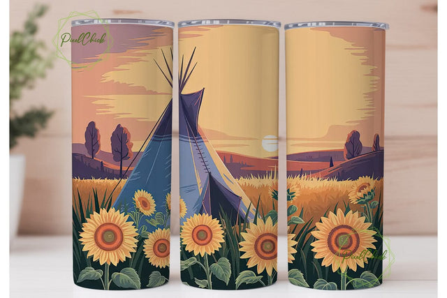 Sunset Teepee & Sunflowers Tumbler Wrap Sublimation PixelChick 