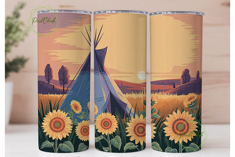 Sunset Teepee & Sunflowers Tumbler Wrap Sublimation PixelChick 