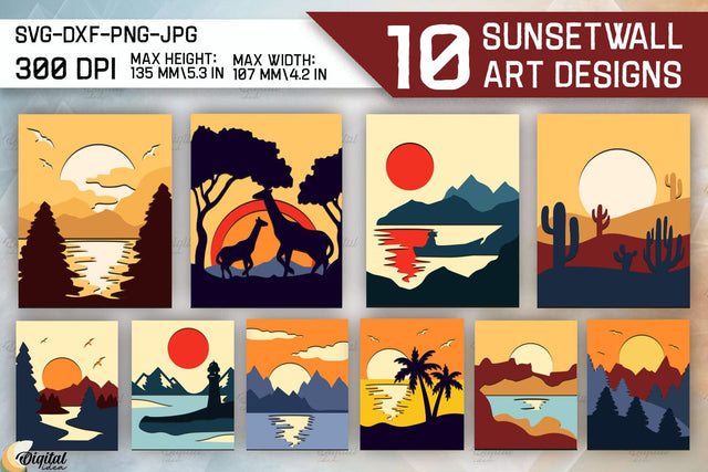 Sunset Wall Art Paper Cut Bundle. Sunset Prints Laser Cut Sublimation Evgenyia Guschina 