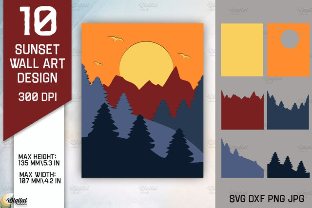 Sunset Wall Art Paper Cut. Sunset Prints Laser Cut 3D Paper Evgenyia Guschina 