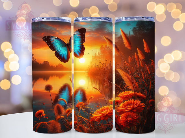Sunset Wildflower Butterfly 20oz Tumbler, Wildflower Print, Sunset Scene, Nature Tumbler, 20oz Sublimation, PNG Design, Outdoor Gift Sublimation SvggirlplusArt 
