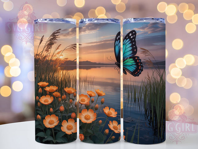 Sunset Wildflower Butterfly 20oz Tumbler, Wildflower Print, Sunset Scene, Nature Tumbler, 20oz Sublimation, PNG Design, Outdoor Gift Sublimation SvggirlplusArt 