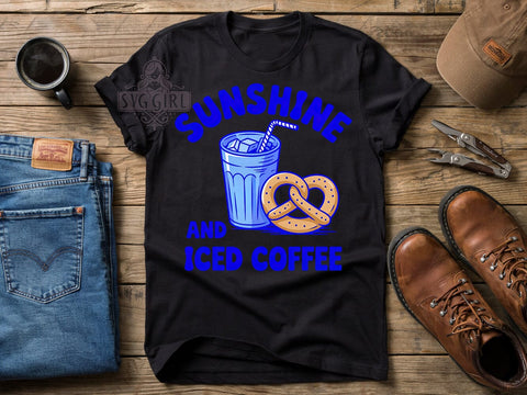 Sunshine & Coffee Fun T-Shirt PNG, Iced Coffee, Blue Sketch, Pretzel Design, Playful Outline, Skinny Tumbler, Sublimation PNG Sublimation SvggirlplusArt 