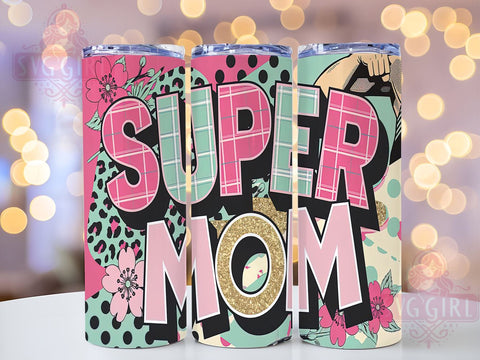 Super Mom Glitter 20oz Tumbler, Mom Life Drinkware, 20oz Sublimation, Mother's Day Gift, Personalized Mom Tumbler, Glitter Tumbler, Unique Gift for Mom Sublimation SvggirlplusArt 