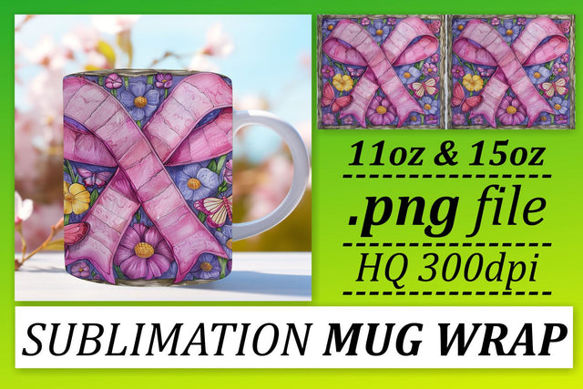 Support Pink Ribbon Design – 11oz & 15oz Sublimation Mug Wrap Sublimation afrosvg 