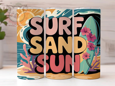Surf Sand Sun 20oz Tumbler, Summer Beach Theme, Tropical Coastal Vibes, Ocean Lifestyle Illustration, Vibrant Retro Style, Sublimation Tumbler Wrap, 20oz Tumbler Sublimation Lara' s Designs 