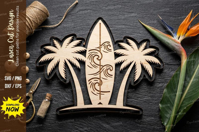 Surfboard Beach Scene SVG Laser Cut Design | Tropical Palm Decorative Pattern SVG Regulrcrative 