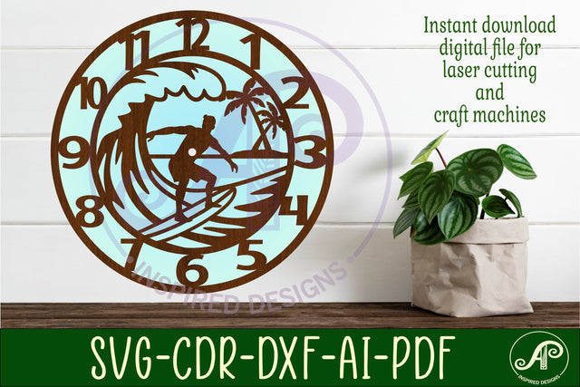Surfer clock wall clock laser cut files SVG APInspireddesigns 