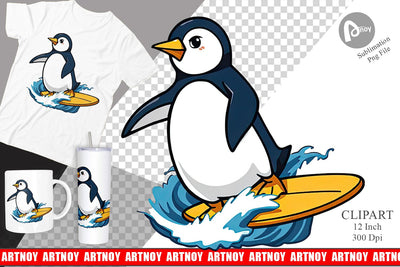 Surfing Penguin Clipart Sublimation artnoy 