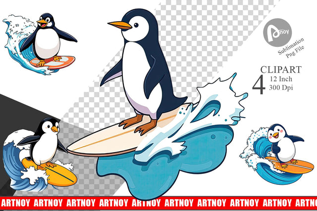 Surfing Penguin Clipart Sublimation artnoy 