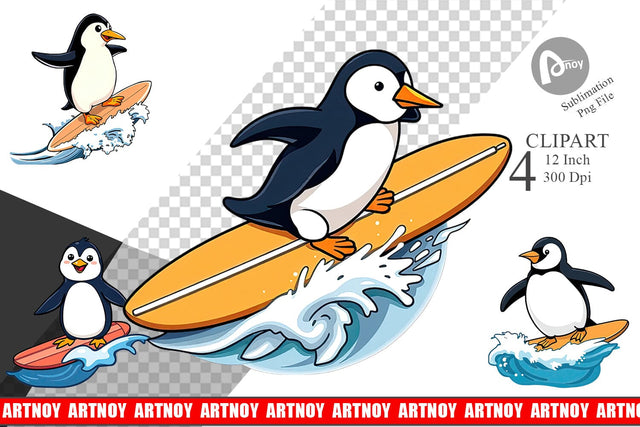 Surfing Penguin Clipart Sublimation artnoy 
