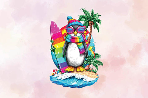 Surfing Penguin Summer PNG. Sublimation SVGArt 