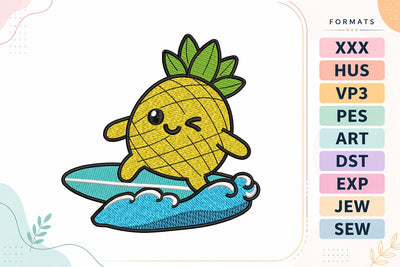 Surfing Pineapple Cute Kawaii Summer Beach Machine Embroidery Design Embroidery/Applique DESIGNS sg embroidery 