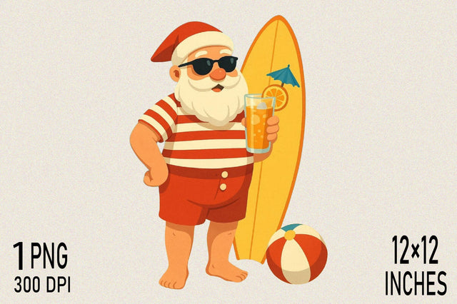 Surfing Santa enjoys a tropical drink Clipart Sublimation SVGArt 