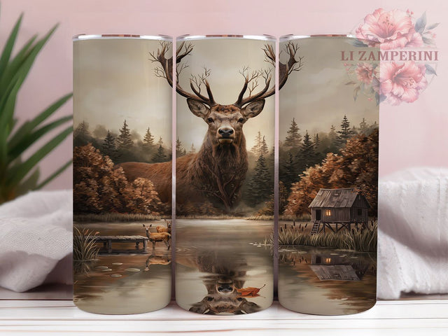 Surreal Stag Dreamscape 20oz Tumbler, Dreamlike Landscape, Ghostly Overlay, Expansive Antlers, Nature Architecture, Skinny Tumbler, Sublimation PNG Sublimation Li Zamperini 