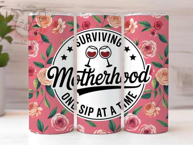 Surviving Motherhood 20oz Tumbler, Sarcastic Mom Gift, Pink Tumbler Wrap, Sublimation Design, 20oz Tumbler, Funny Parenting Humor, Mom Life Chaos Sublimation Lara' s Designs 