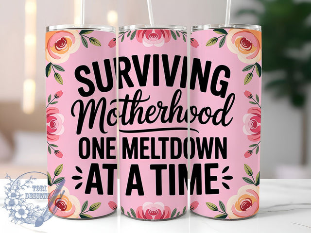 Surviving Motherhood 20oz Tumbler, Sarcastic Mom Gift, Pink Tumbler Wrap, Sublimation Design, 20oz Tumbler, Funny Parenting Humor, Mom Life Chaos Sublimation ToriDesigns 