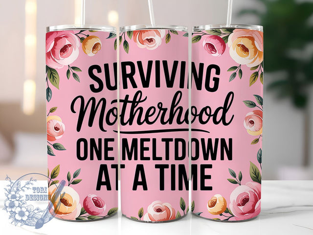 Surviving Motherhood 20oz Tumbler, Sarcastic Mom Gift, Pink Tumbler Wrap, Sublimation Design, 20oz Tumbler, Funny Parenting Humor, Mom Life Chaos Sublimation ToriDesigns 