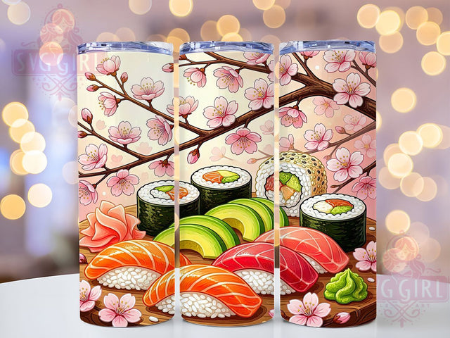Sushi Blossom Feast 20oz Tumbler Wrap, Sushi Pattern, Blossom Motif, Food Art, Whimsical Charm, Fantasy Feast, Skinny Tumbler, Sublimation PNG Sublimation SvggirlplusArt 