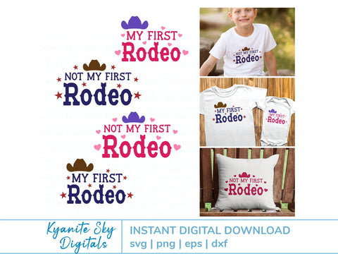 SVG Bundle First and Not My First Rodeo western quotes with stars, hearts, cowboy hat SVG Kyanite Sky Digitals 