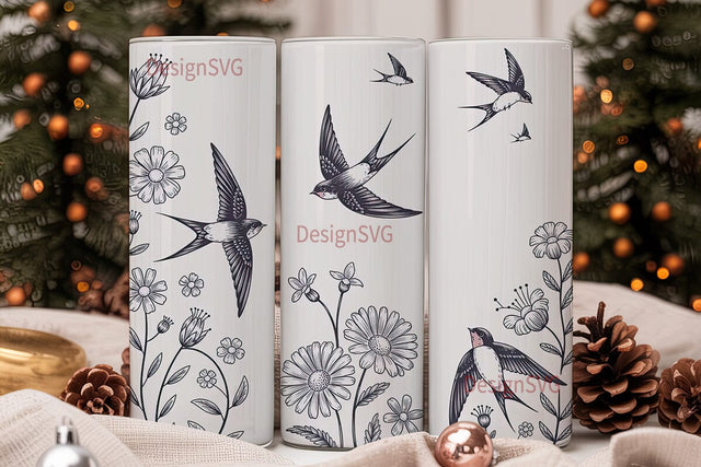 Swallow & Flowers 20oz Tumbler Wrap Sublimation DesignSVG 