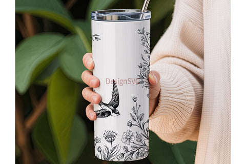 Swallow & Flowers 20oz Tumbler Wrap Sublimation DesignSVG 