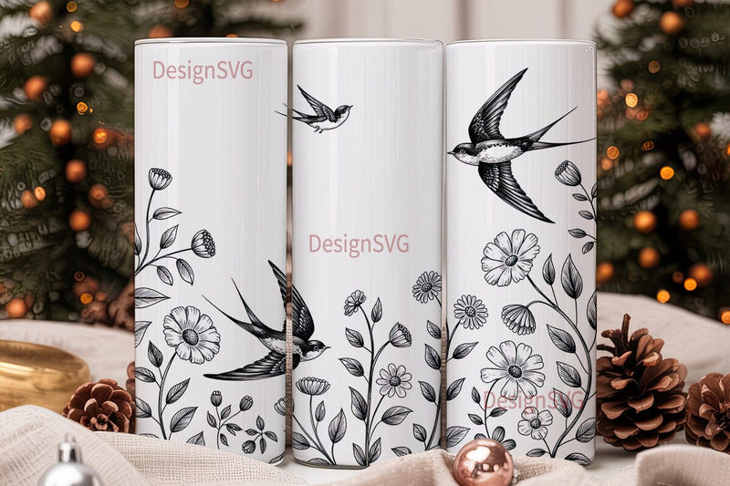 Swallow & Flowers 20oz Tumbler Wrap Sublimation DesignSVG 