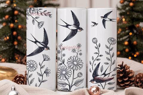 Swallow & Flowers 20oz Tumbler Wrap Sublimation DesignSVG 