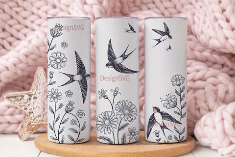 Swallow & Flowers 20oz Tumbler Wrap Sublimation DesignSVG 