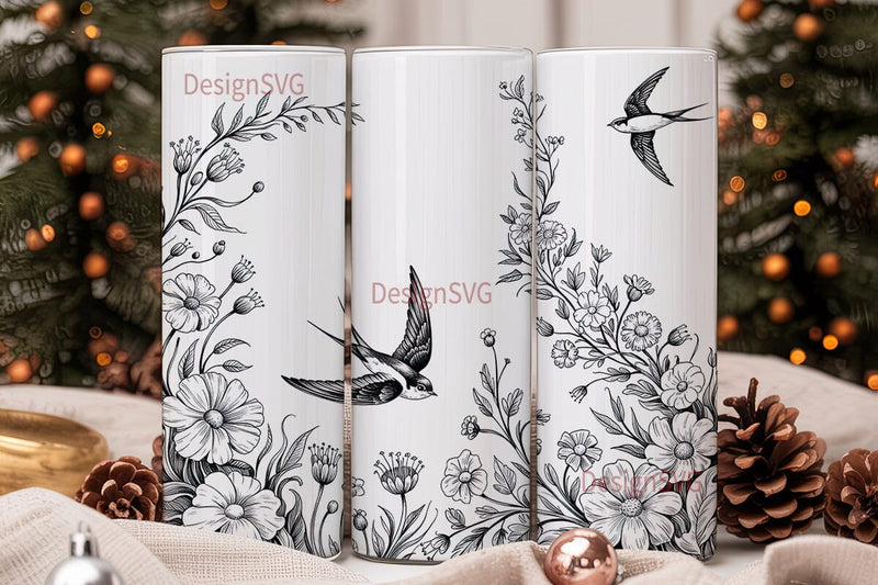 Swallow & Flowers 20oz Tumbler Wrap Sublimation DesignSVG 