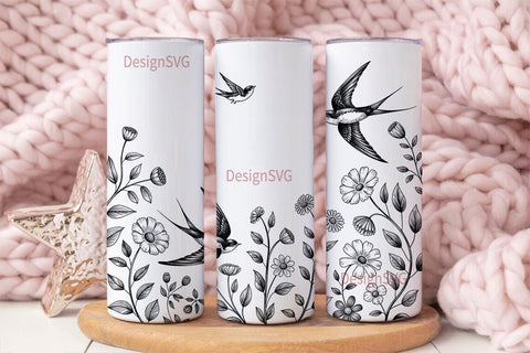 Swallow & Flowers 20oz Tumbler Wrap Sublimation DesignSVG 