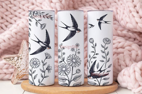 Swallow & Flowers 20oz Tumbler Wrap Sublimation DesignSVG 