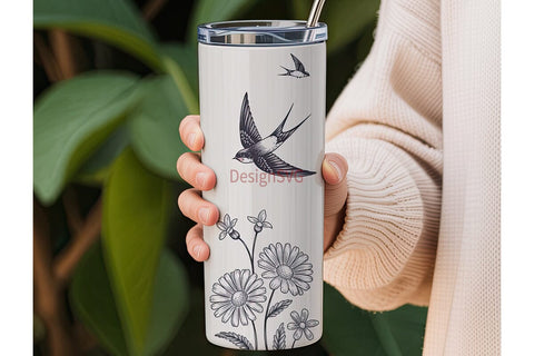 Swallow & Flowers 20oz Tumbler Wrap Sublimation DesignSVG 