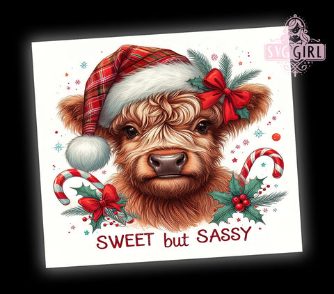 Sweet and Sassy Cow Tumbler, Christmas Highland Cow Gift, Festive Drinkware, Cute Cow Design, Holiday Sublimation PNG, Rustic Christmas Decor, Sassy Cow Gift Sublimation SvggirlplusArt 